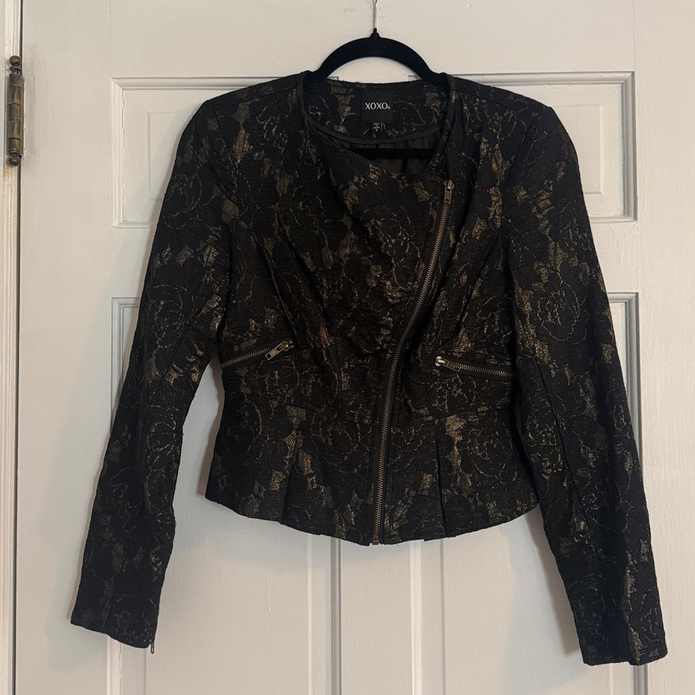 XOXO Women's Black and Gold Floral Lace Peplum Jacket
